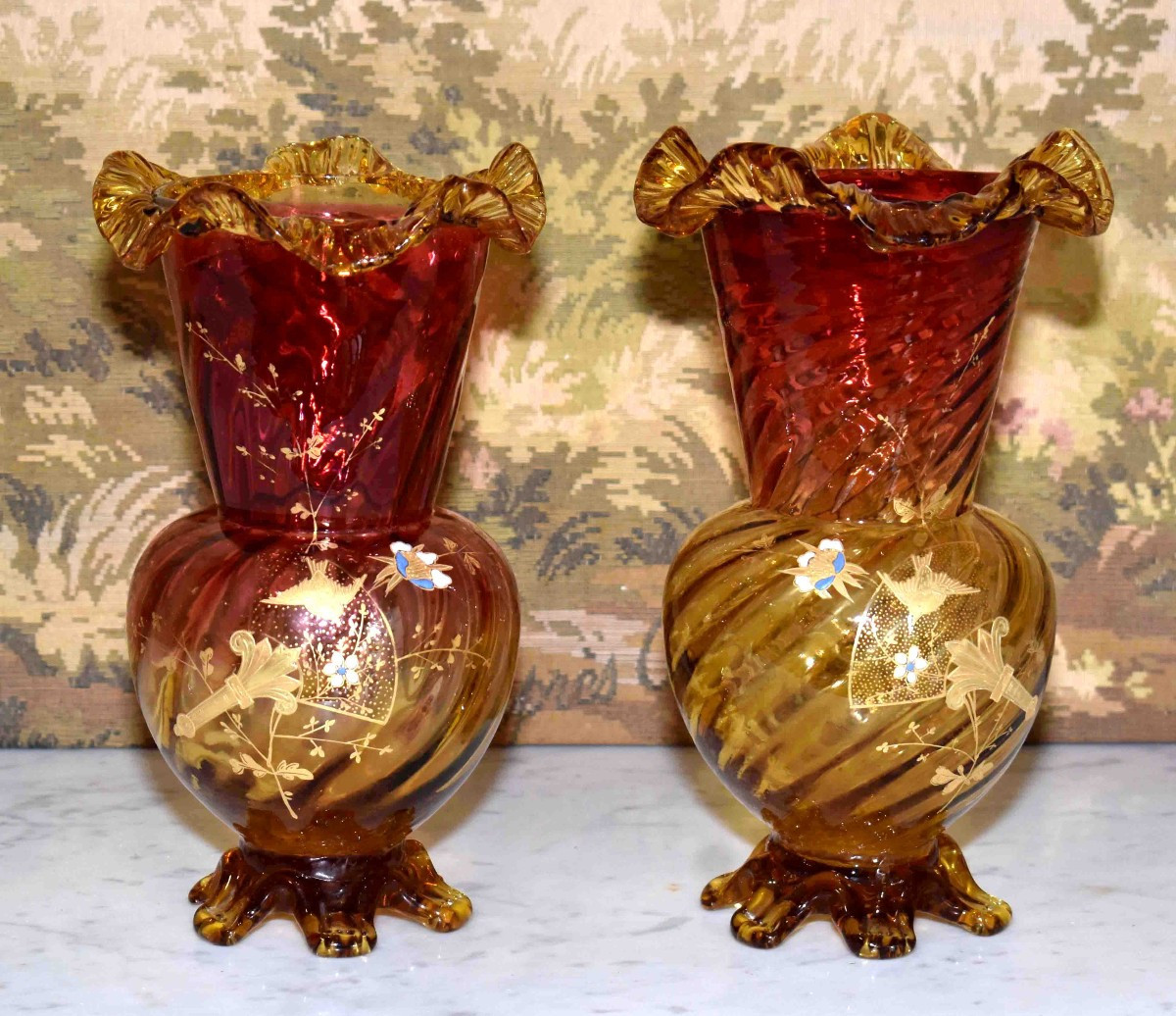 Paire De Vases en verre  émaillé , Legras -  Montjoye , Saint-Denis , Art Nouveau, Vers 1900