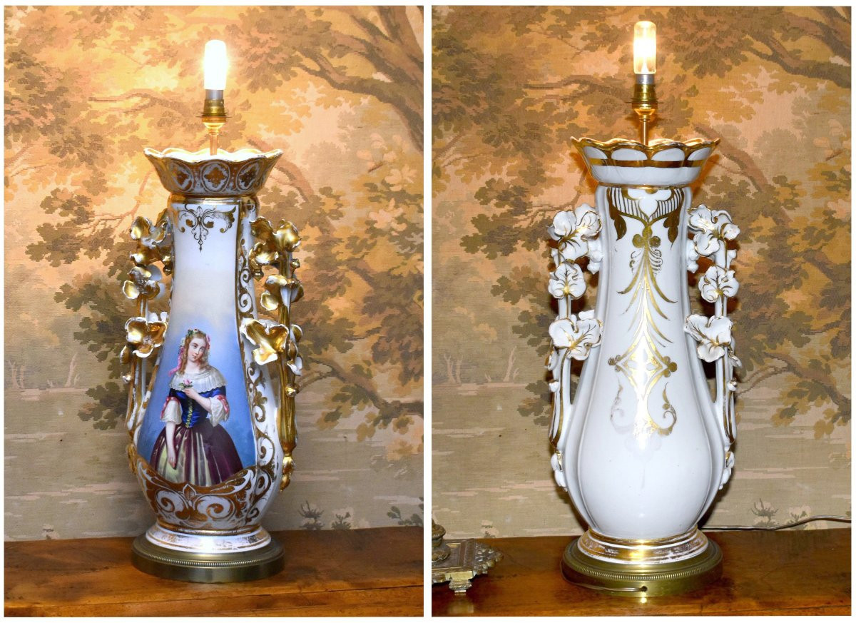 Grand Pied de Lampe en Porcelaine de Limoges , décor personnage peint à la main , XIXème . -photo-1