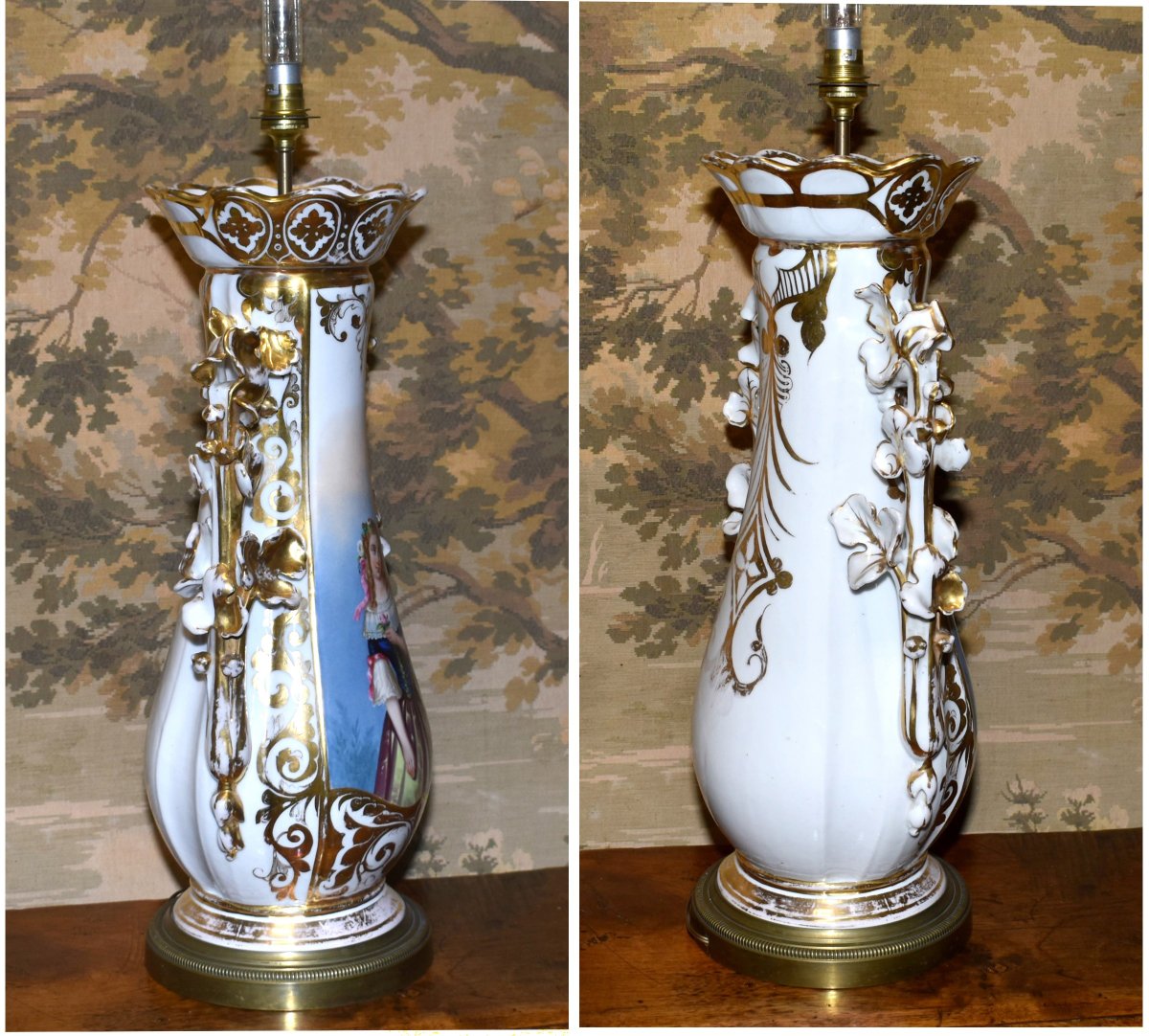 Grand Pied de Lampe en Porcelaine de Limoges , décor personnage peint à la main , XIXème . -photo-2