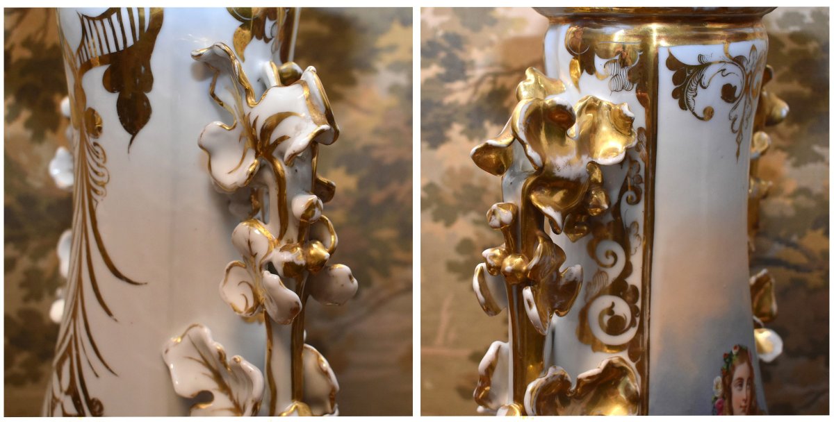 Grand Pied de Lampe en Porcelaine de Limoges , décor personnage peint à la main , XIXème . -photo-6