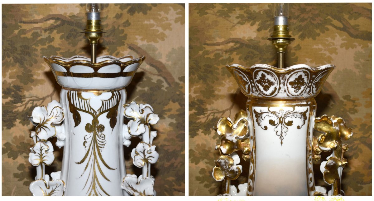 Grand Pied de Lampe en Porcelaine de Limoges , décor personnage peint à la main , XIXème . -photo-7