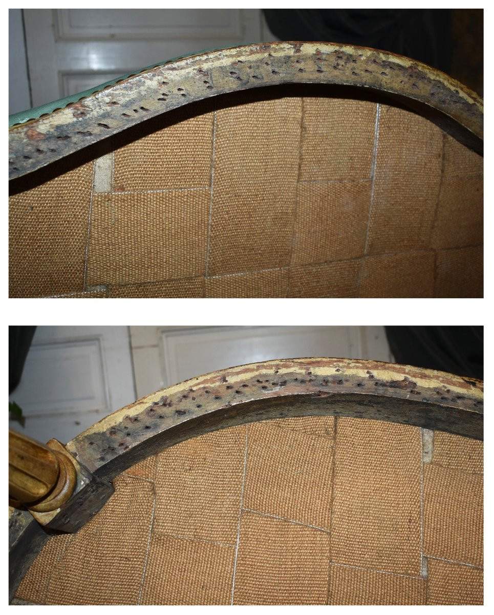 Grande Bergère De Style Louis XVI Laquée , Dossier Gondole , Assise Cousin , Début XIXe ,-photo-4