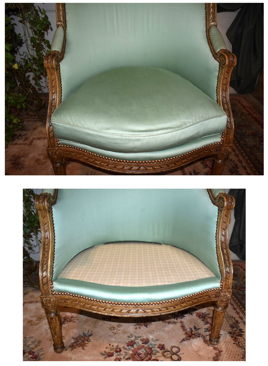 Grande Bergère De Style Louis XVI Laquée , Dossier Gondole , Assise Cousin , Début XIXe ,-photo-6