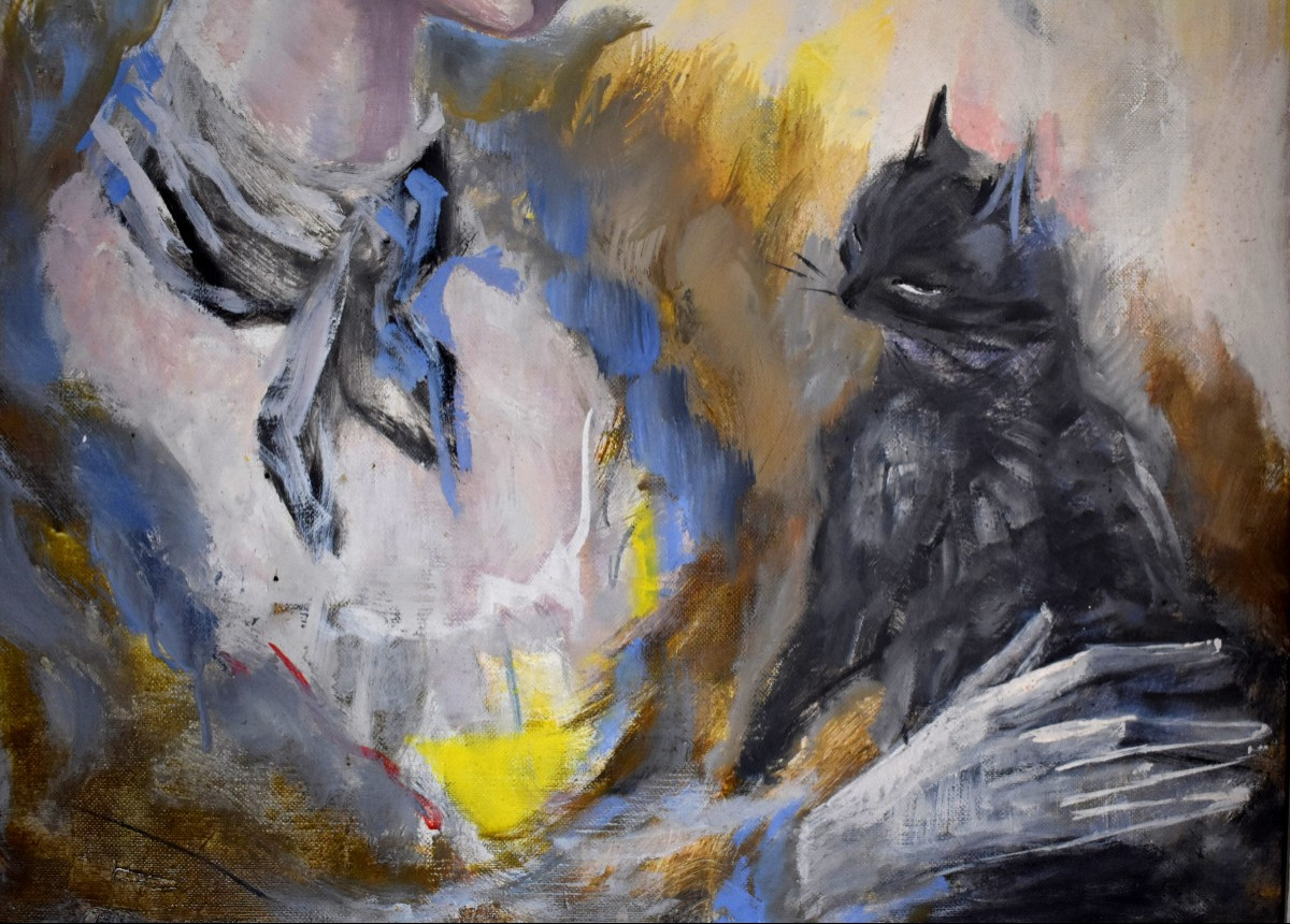 Painting By Henri Laville (1916-1995) "young Woman And The Cat" Portrait, Oil On Canvas, Framed M-photo-2