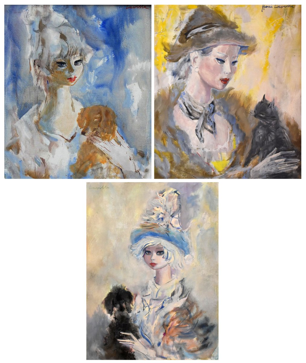 Tableau Henri Laville 1916-1995 intitulé " jeune femme et le chien " cadre Montparnasse, -photo-8