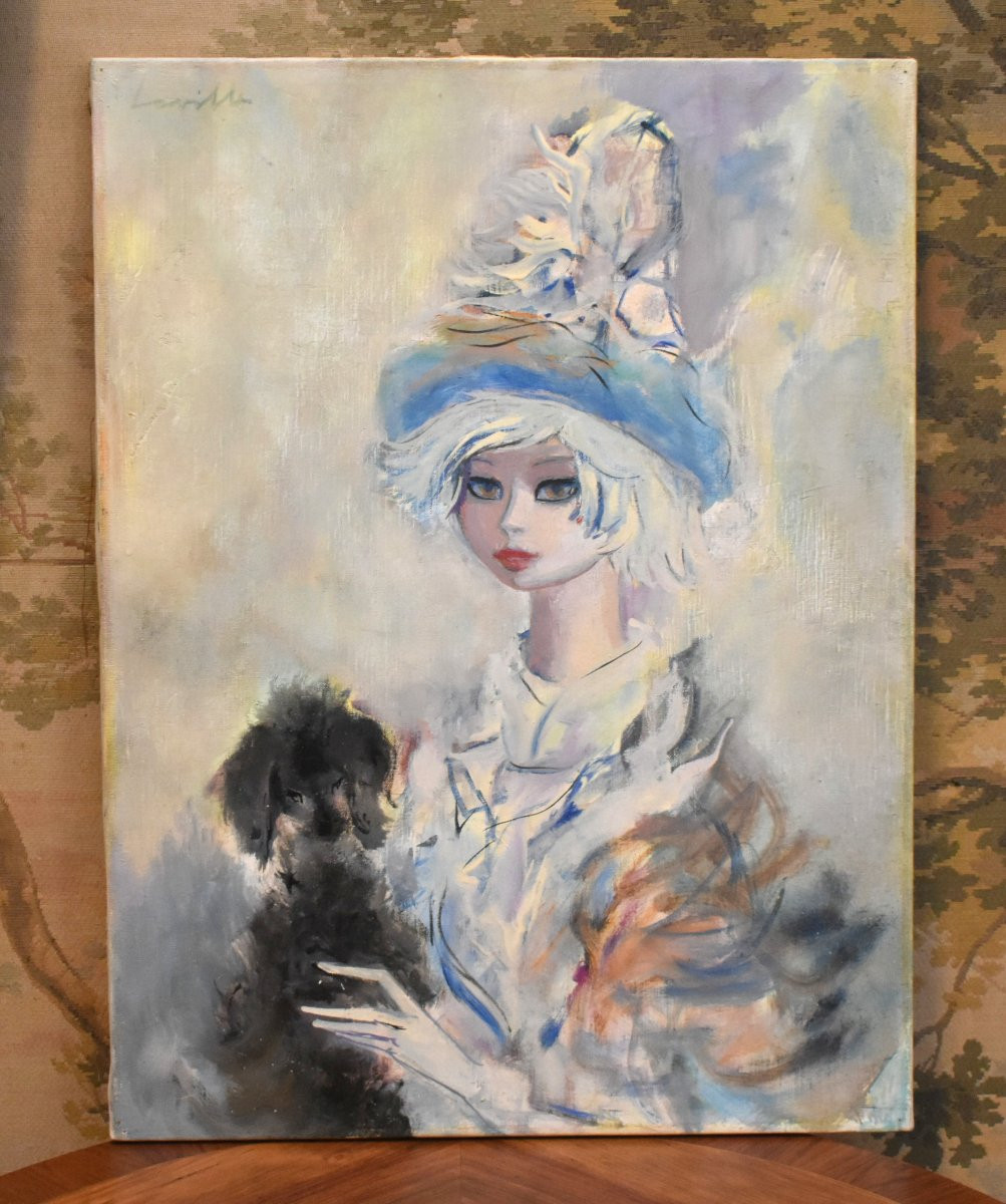 Henri Laville (1916-1995) Portrait huile sur toile  Intitulé " Jeune Fille Et Son Chien " .-photo-3