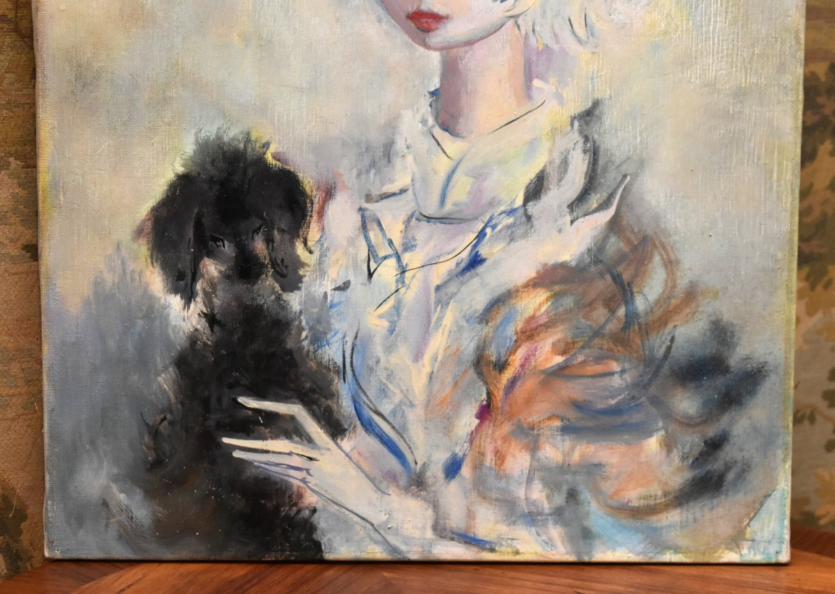 Henri Laville (1916-1995) Portrait huile sur toile  Intitulé " Jeune Fille Et Son Chien " .-photo-1