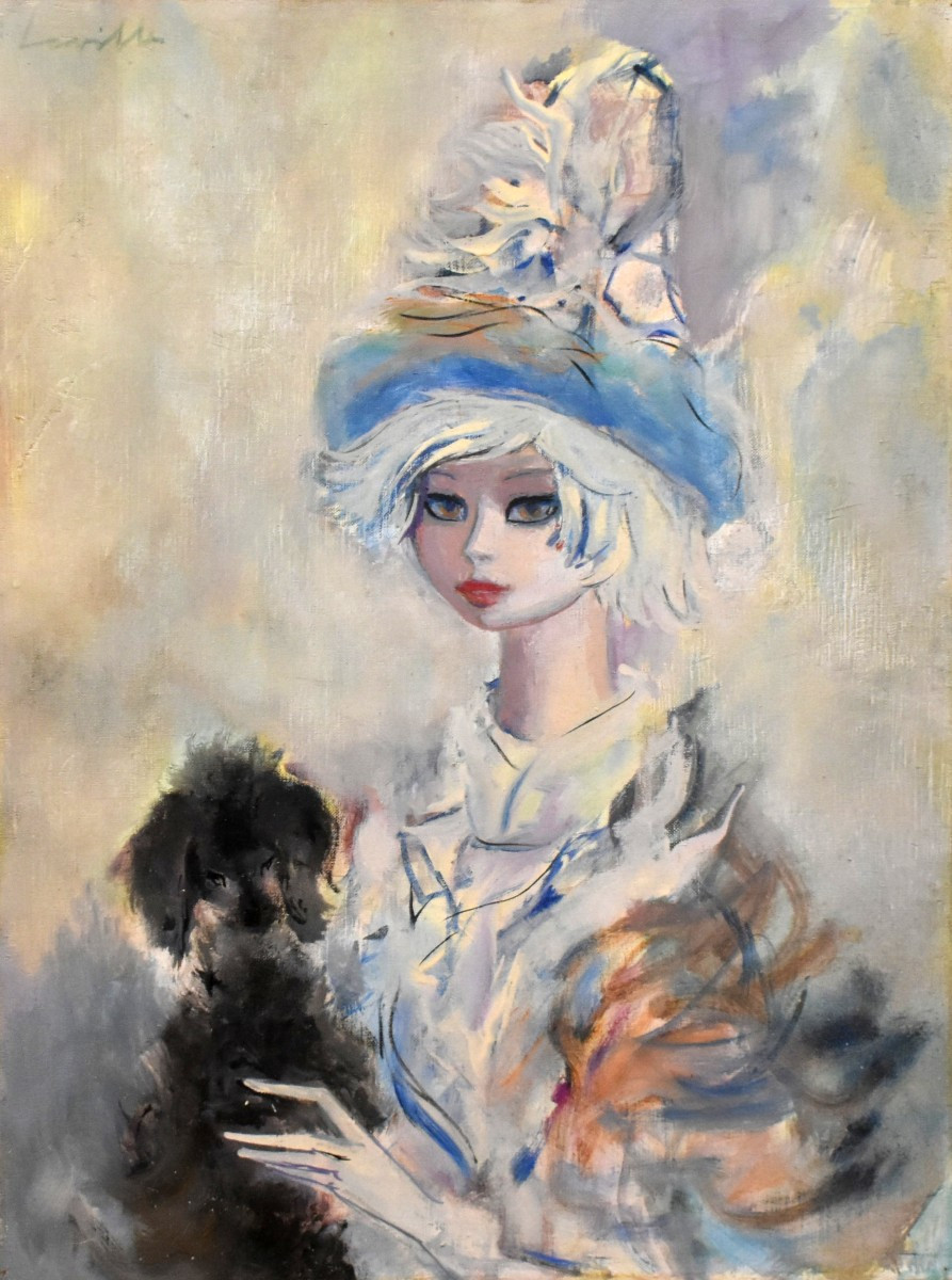 Henri Laville (1916-1995) Portrait huile sur toile  Intitulé " Jeune Fille Et Son Chien " .
