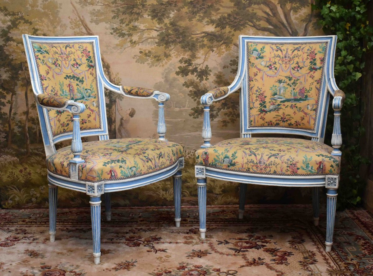 Suite de 4 Fauteuils Cabriolet, Style Louis XVI - directoire, Laqué Crème, Rechampi Bleu , XIXe-photo-2