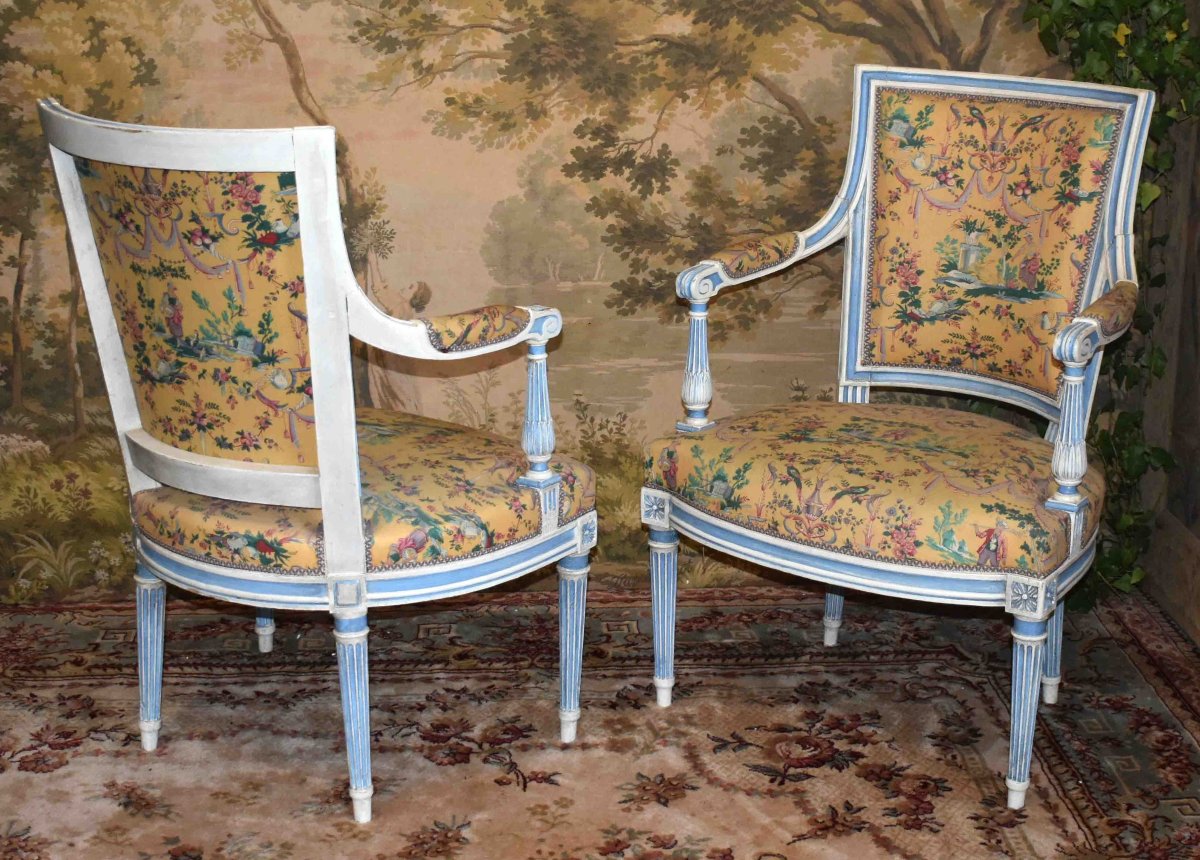 Suite de 4 Fauteuils Cabriolet, Style Louis XVI - directoire, Laqué Crème, Rechampi Bleu , XIXe-photo-4