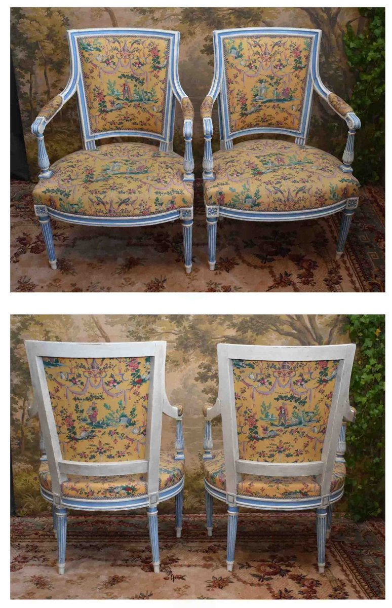 Suite de 4 Fauteuils Cabriolet, Style Louis XVI - directoire, Laqué Crème, Rechampi Bleu , XIXe-photo-1