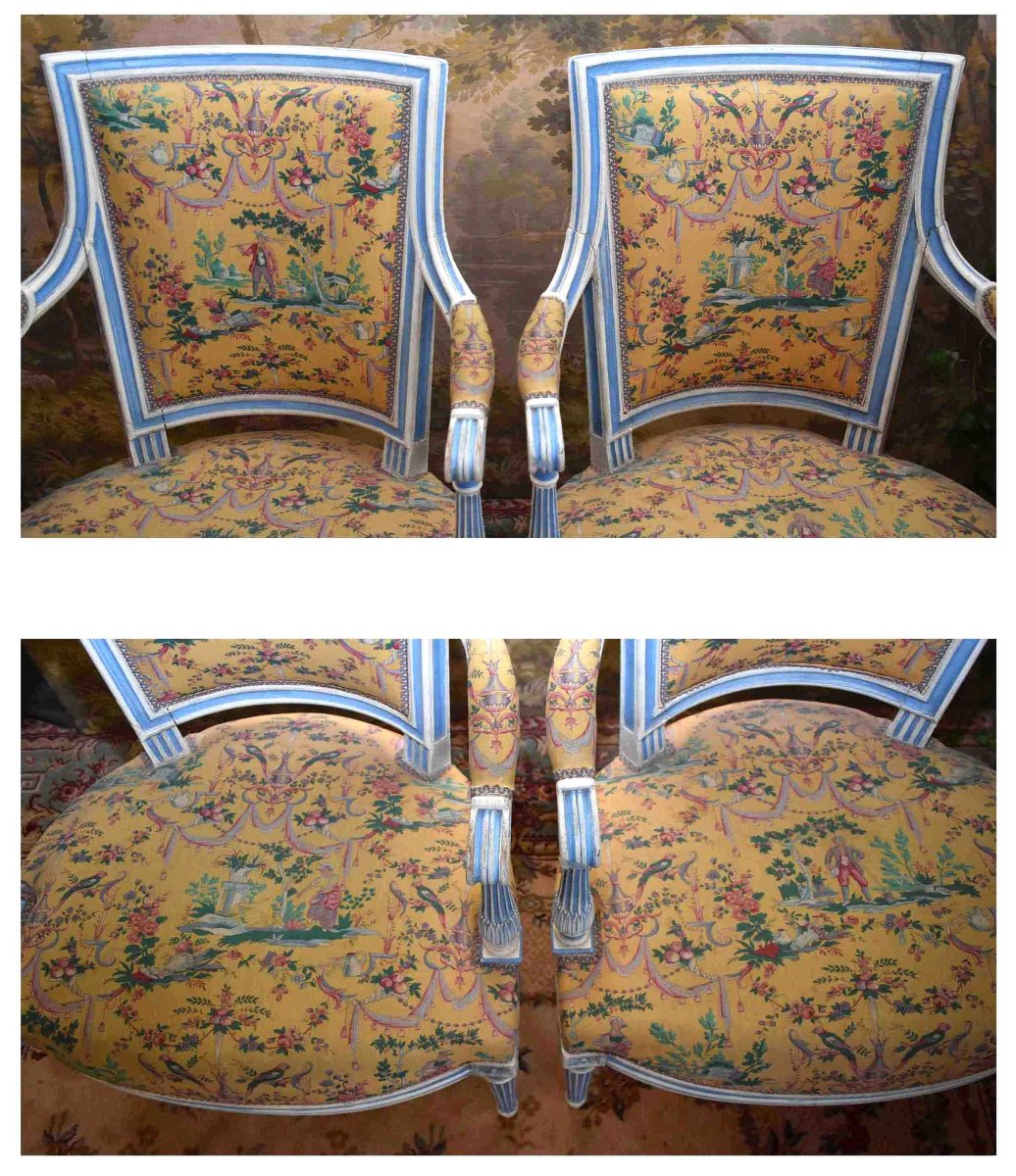 Suite de 4 Fauteuils Cabriolet, Style Louis XVI - directoire, Laqué Crème, Rechampi Bleu , XIXe-photo-2