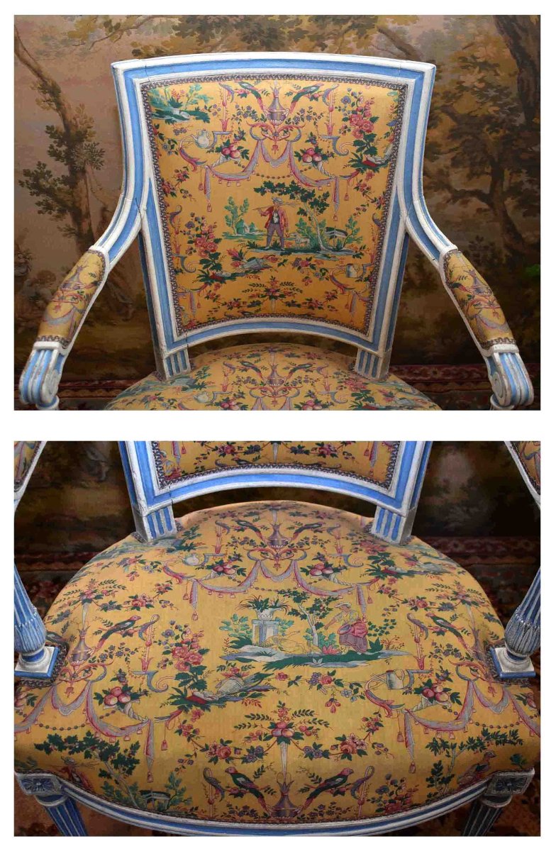 Suite de 4 Fauteuils Cabriolet, Style Louis XVI - directoire, Laqué Crème, Rechampi Bleu , XIXe-photo-5