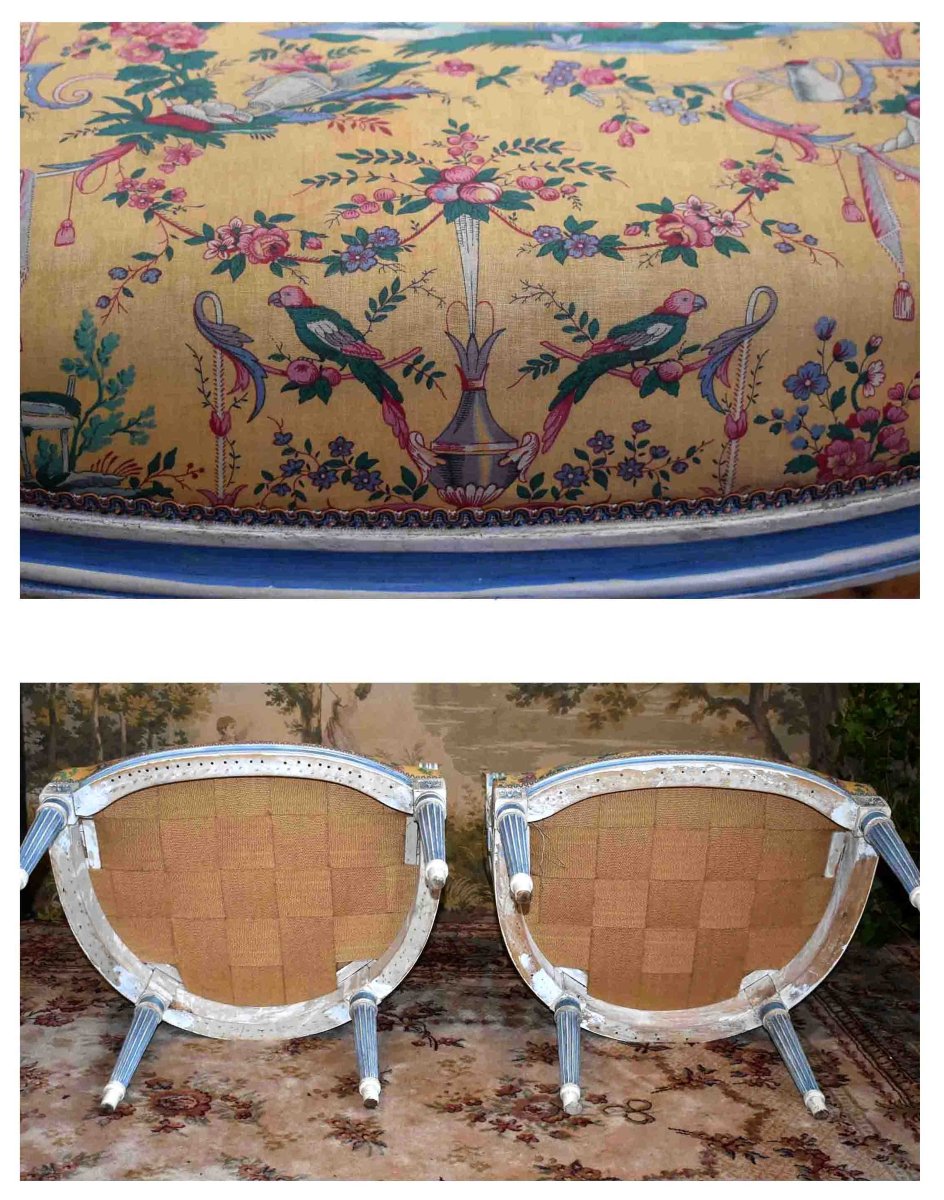 Suite de 4 Fauteuils Cabriolet, Style Louis XVI - directoire, Laqué Crème, Rechampi Bleu , XIXe-photo-8