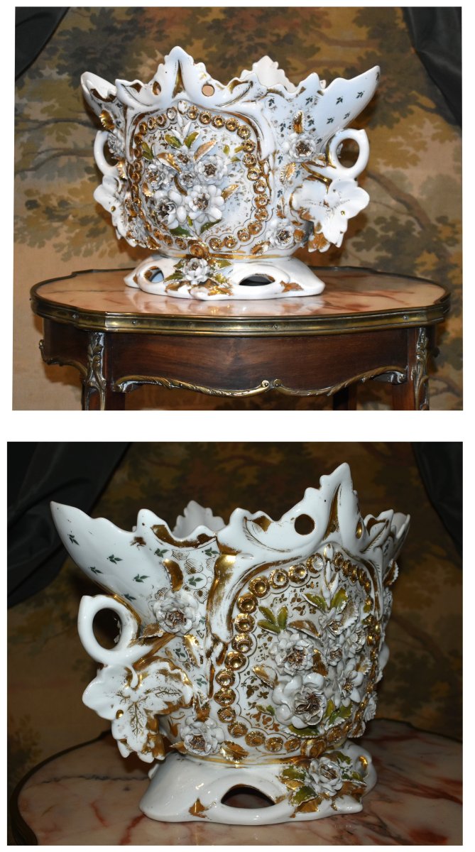 Grande Coupe, Important Vase En Porcelaine De Limoges, Jardinière Napoléon III à Décor  relief -photo-3