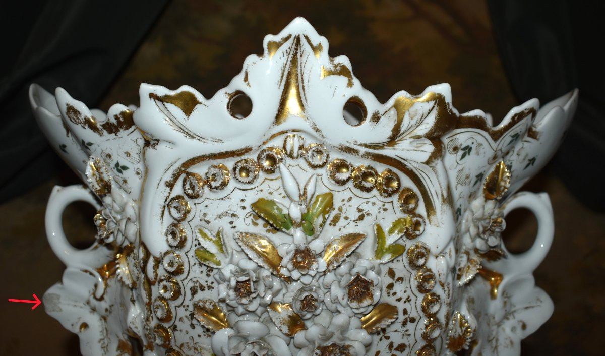 Grande Coupe, Important Vase En Porcelaine De Limoges, Jardinière Napoléon III à Décor  relief -photo-6