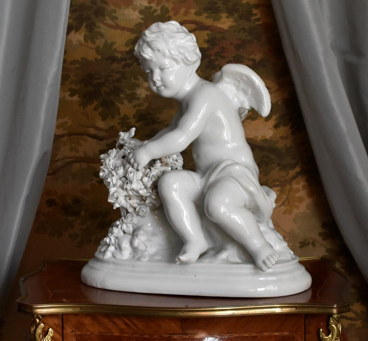 Grand groupe en Porcelaine Capodimonte par Umberto Onesto, sculpture putto, statue angelot -photo-3