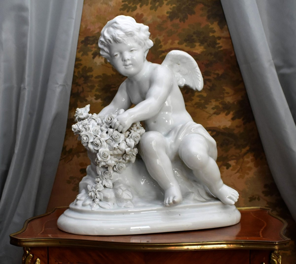 Grand groupe en Porcelaine Capodimonte par Umberto Onesto, sculpture putto, statue angelot -photo-4