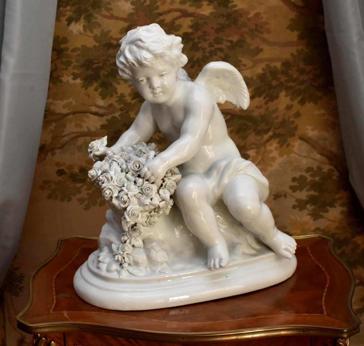 Grand groupe en Porcelaine Capodimonte par Umberto Onesto, sculpture putto, statue angelot -photo-1