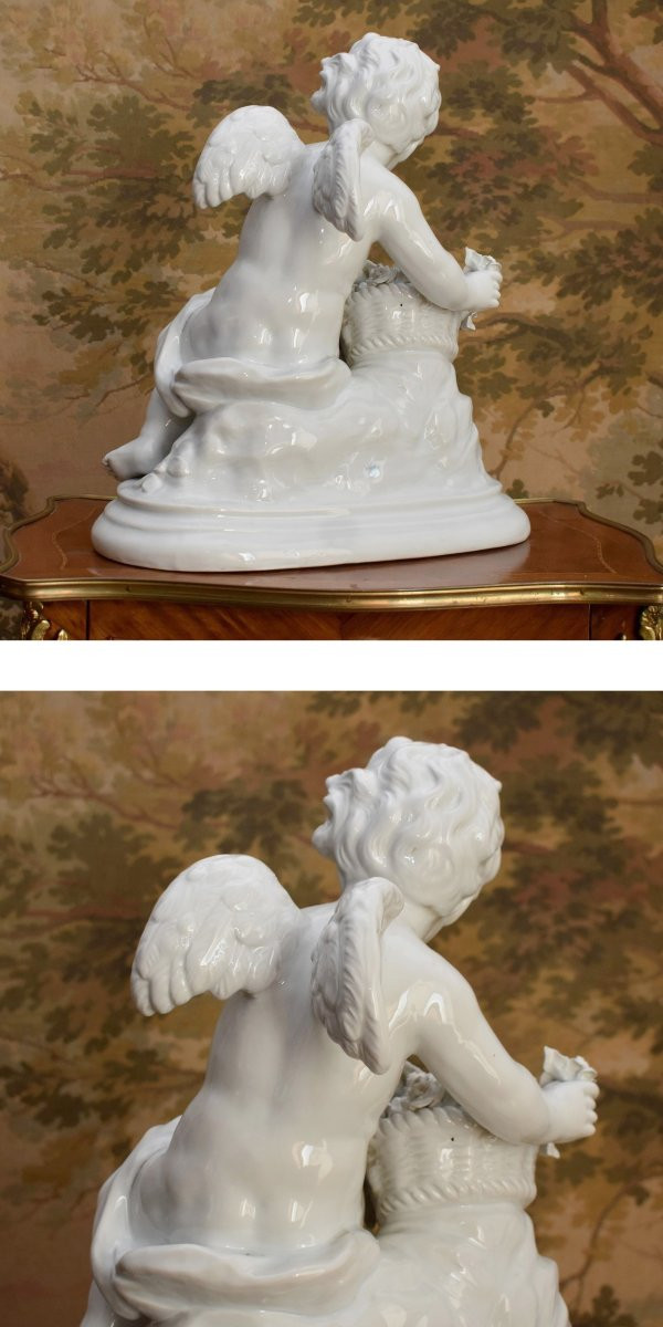 Grand groupe en Porcelaine Capodimonte par Umberto Onesto, sculpture putto, statue angelot -photo-4