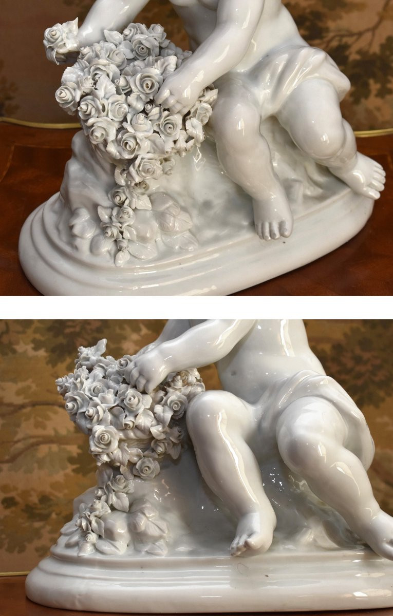 Grand groupe en Porcelaine Capodimonte par Umberto Onesto, sculpture putto, statue angelot -photo-5