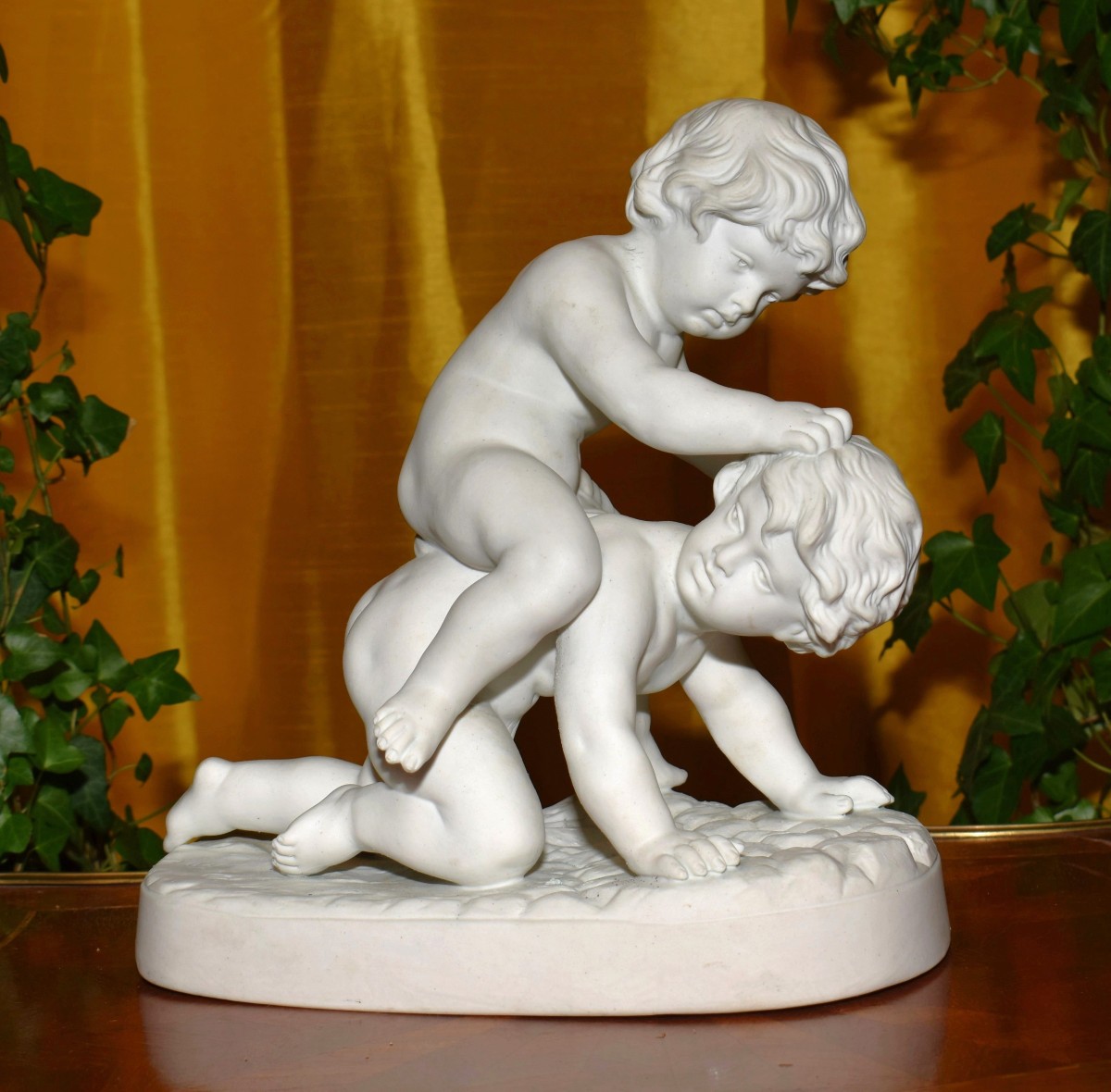 Porcelain Biscuit Group, Statue Of A Putti Astride, After René Charles Massé 