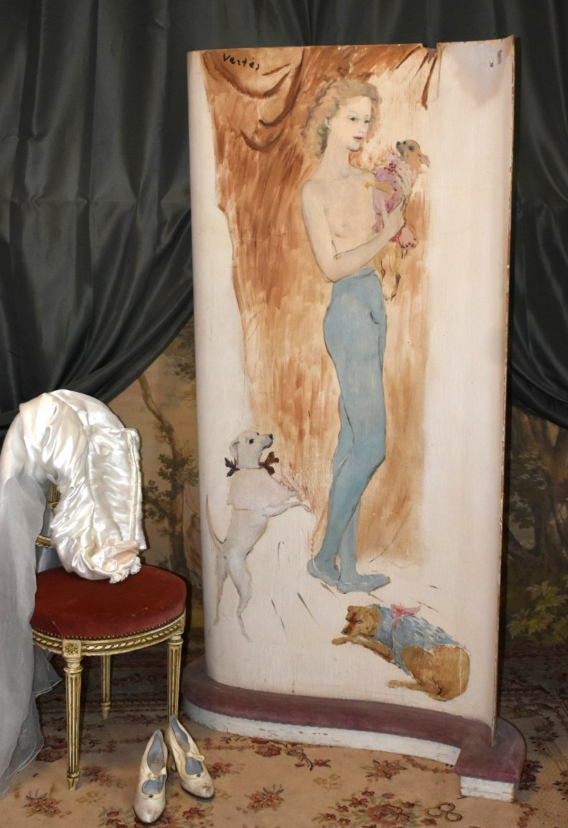 Marcel Vertès, Paravent , écran  vestiaire, cabaret, music-hall , décor jeune femme nue,  chien-photo-2