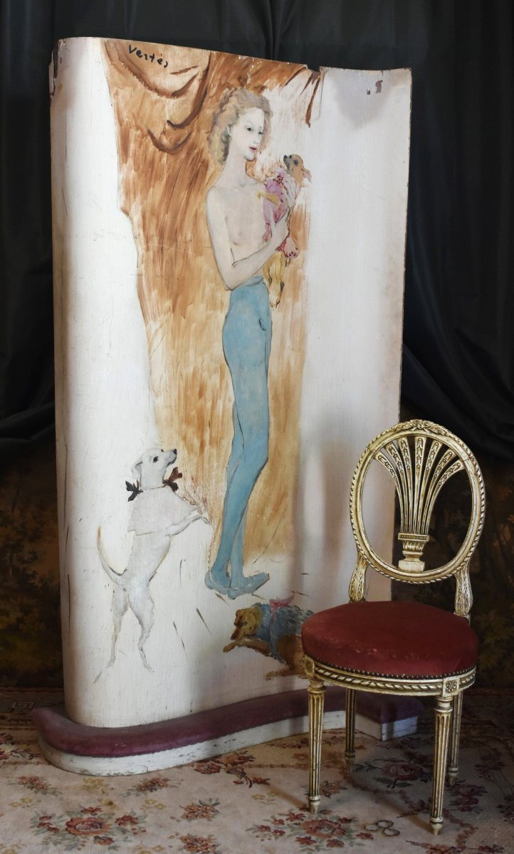 Marcel Vertès, Paravent , écran  vestiaire, cabaret, music-hall , décor jeune femme nue,  chien-photo-3