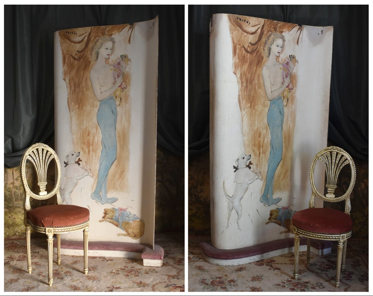 Marcel Vertès, Paravent , écran  vestiaire, cabaret, music-hall , décor jeune femme nue,  chien-photo-4