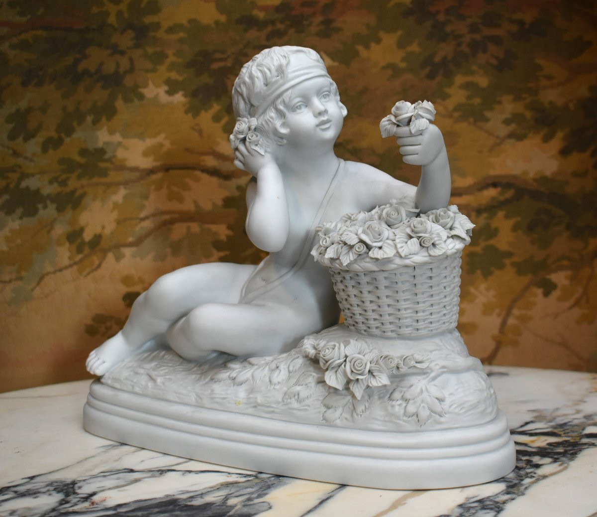 groupe en biscuit de porcelaine blanche d'après B.  Rezl , statue, sculpture angelot art déco-photo-2