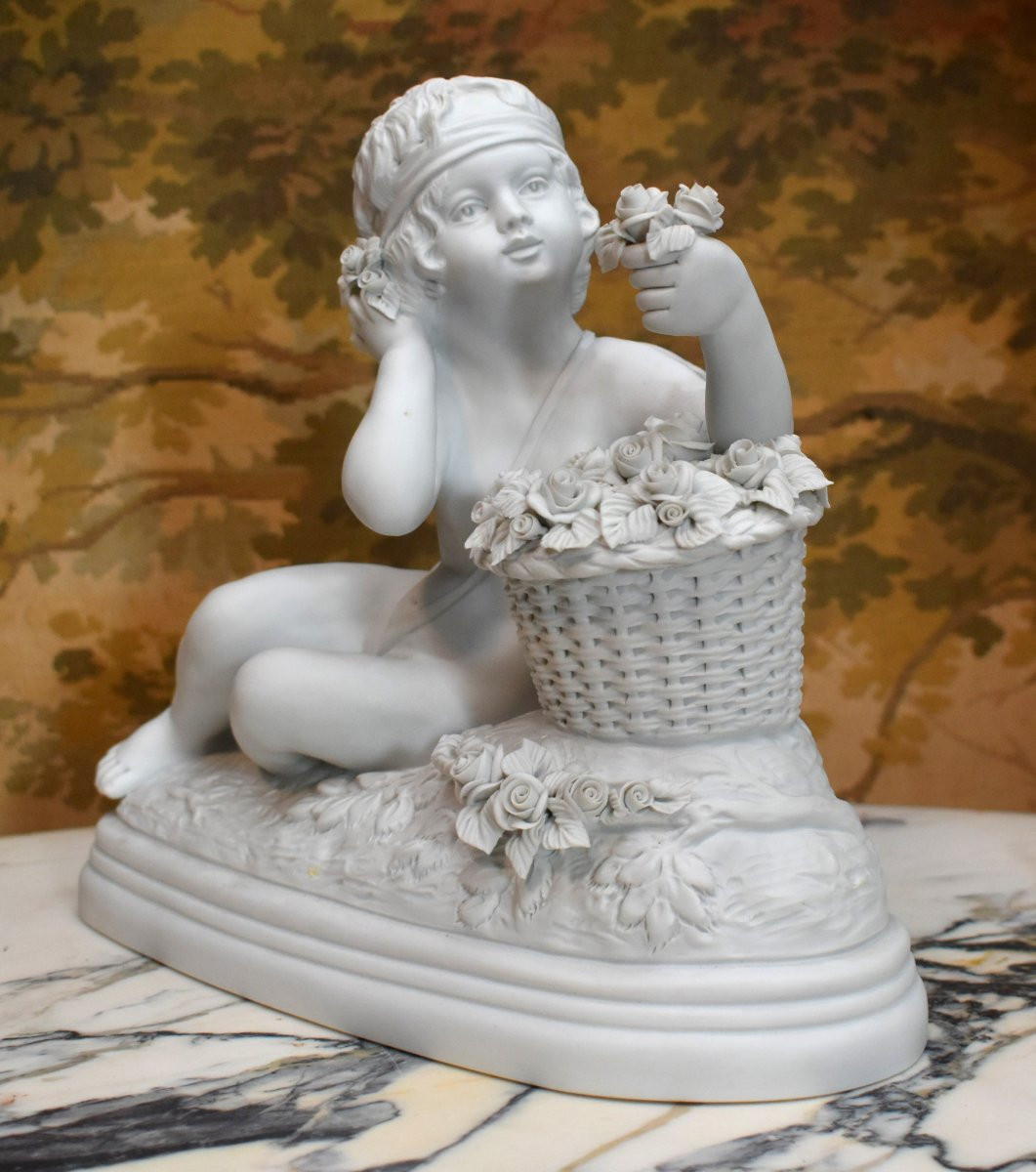 groupe en biscuit de porcelaine blanche d'après B.  Rezl , statue, sculpture angelot art déco-photo-3