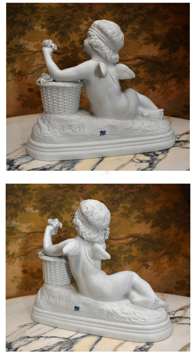 groupe en biscuit de porcelaine blanche d'après B.  Rezl , statue, sculpture angelot art déco-photo-1