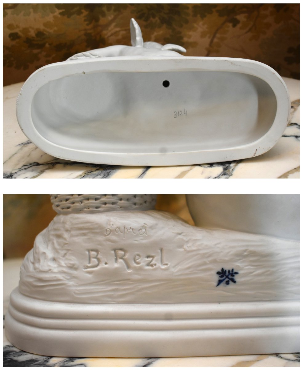 groupe en biscuit de porcelaine blanche d'après B.  Rezl , statue, sculpture angelot art déco-photo-6