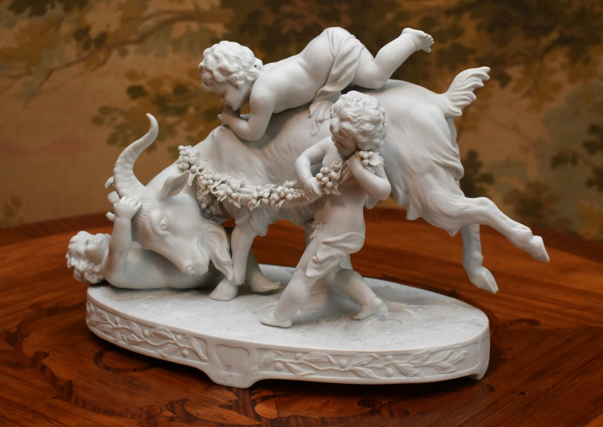 Porcelain Biscuit Group, Subject: Goat And Cupids, Statue Of Cherubs, Angels, Putti   -photo-3