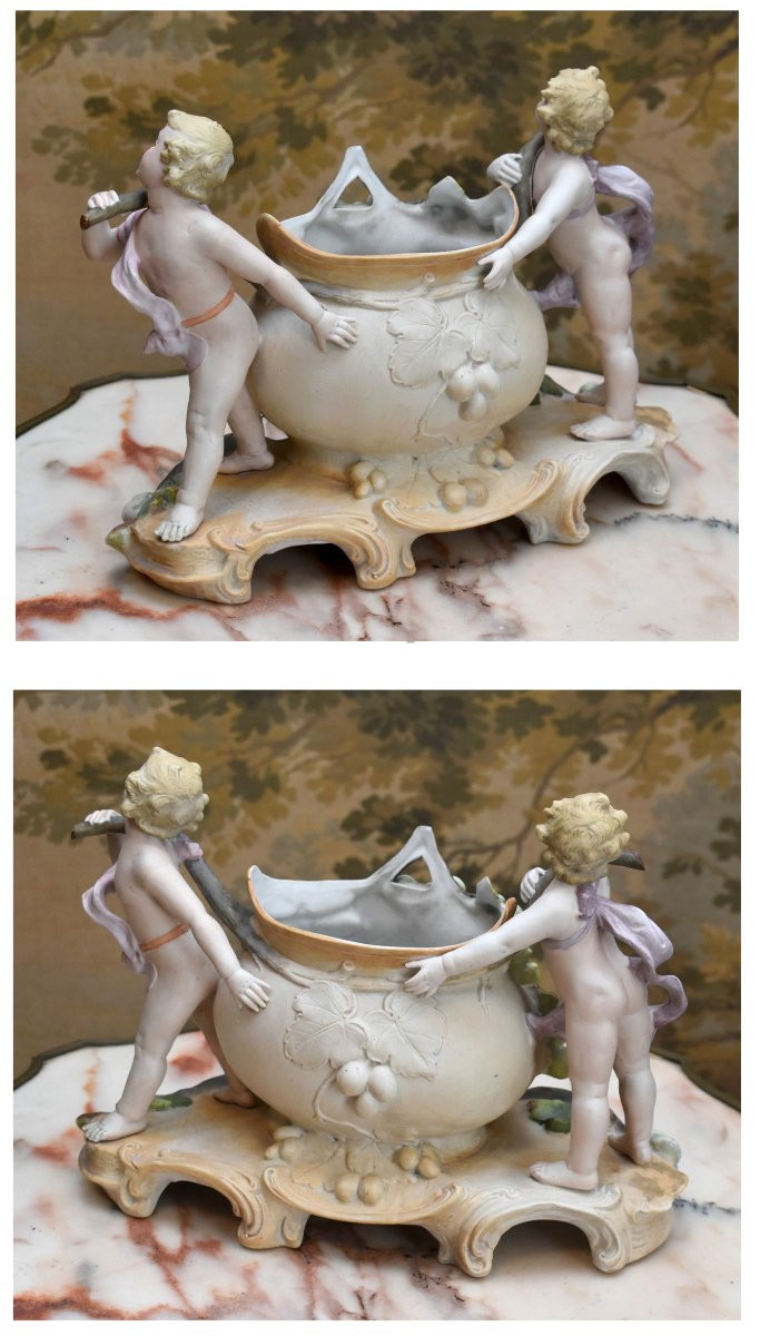 Table Centerpiece, Polychrome Biscuit Figure, Planter Bowl With Bunches Of Grapes, 2 Cherubs-photo-4