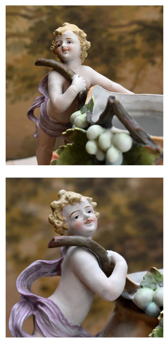 Table Centerpiece, Polychrome Biscuit Figure, Planter Bowl With Bunches Of Grapes, 2 Cherubs-photo-5
