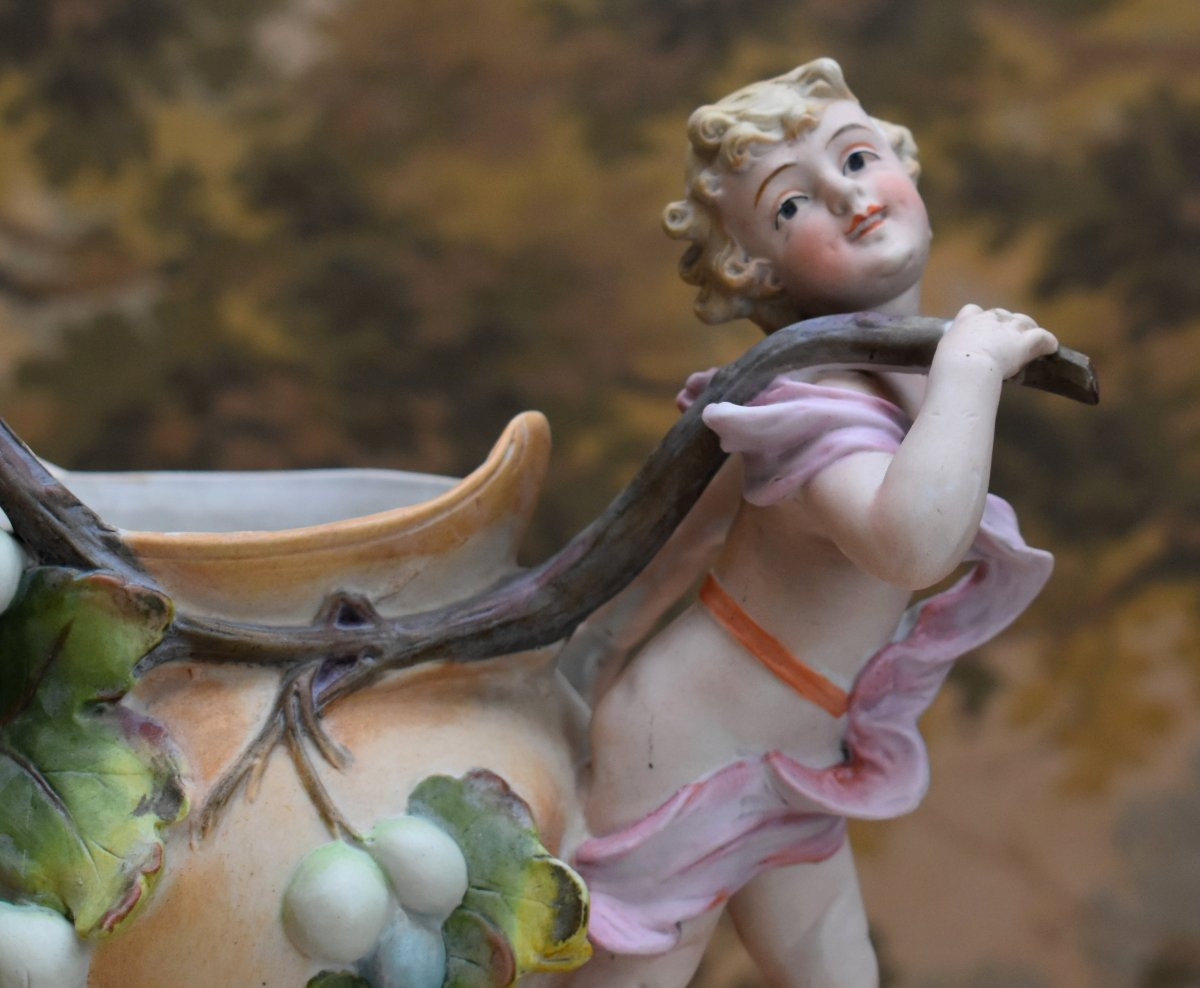 Table Centerpiece, Polychrome Biscuit Figure, Planter Bowl With Bunches Of Grapes, 2 Cherubs-photo-6