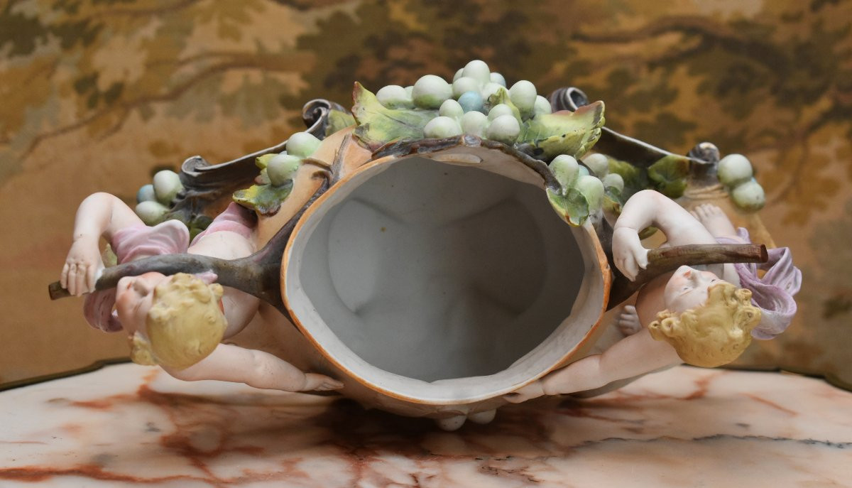 Table Centerpiece, Polychrome Biscuit Figure, Planter Bowl With Bunches Of Grapes, 2 Cherubs-photo-7