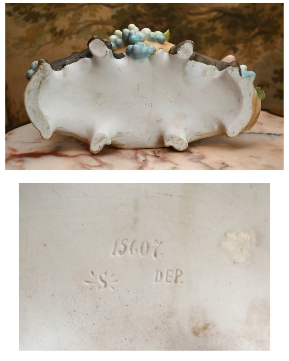 Table Centerpiece, Polychrome Biscuit Figure, Planter Bowl With Bunches Of Grapes, 2 Cherubs-photo-8