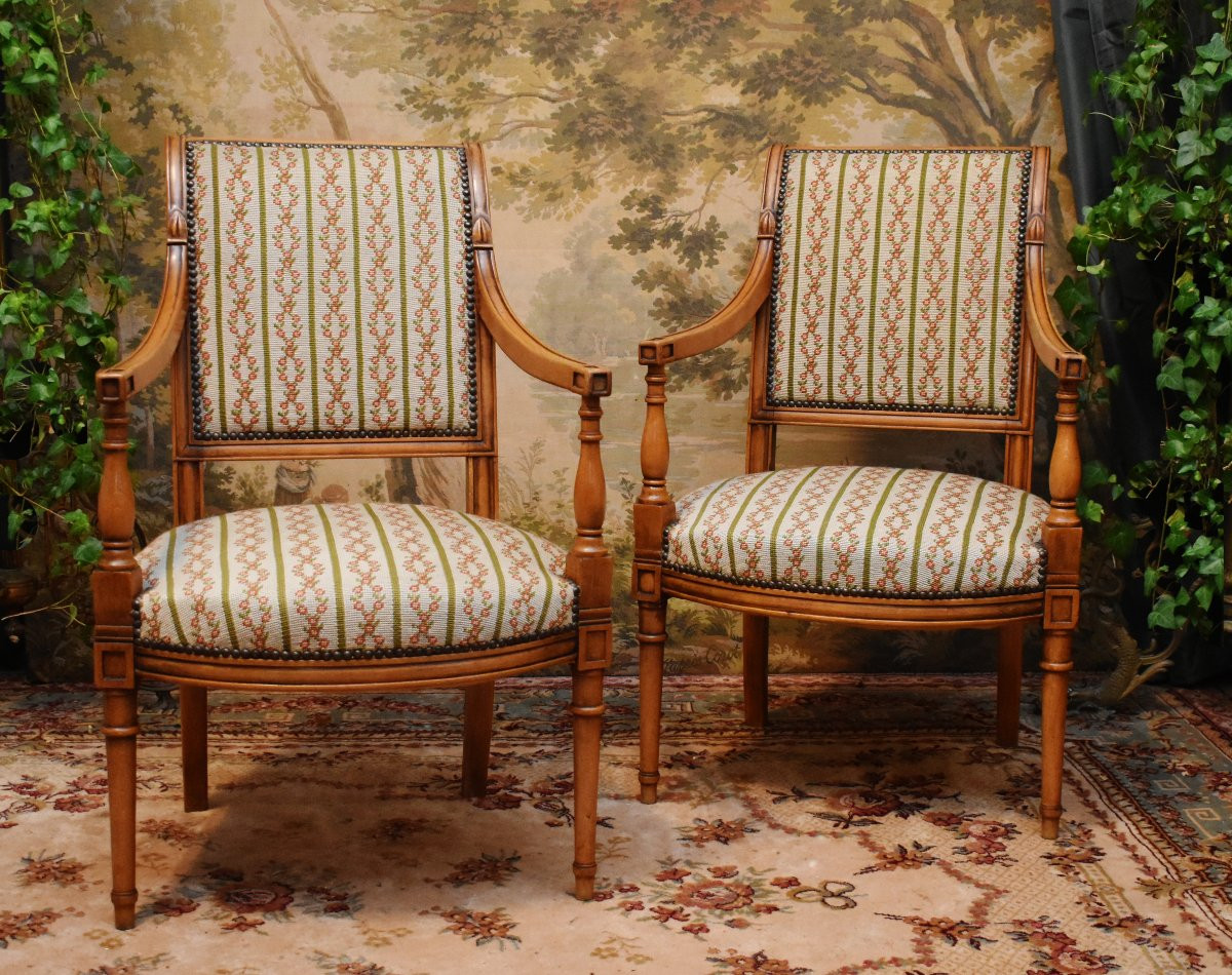 Paire De Fauteuils De Style Directoire, Sièges à Garniture Tapisserie Aux Petits Points, -photo-3