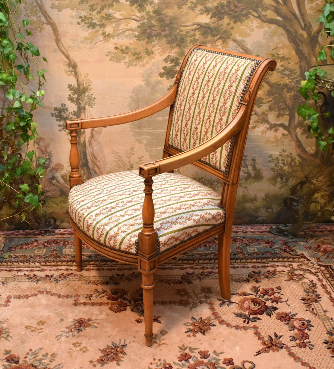 Paire De Fauteuils De Style Directoire, Sièges à Garniture Tapisserie Aux Petits Points, -photo-2