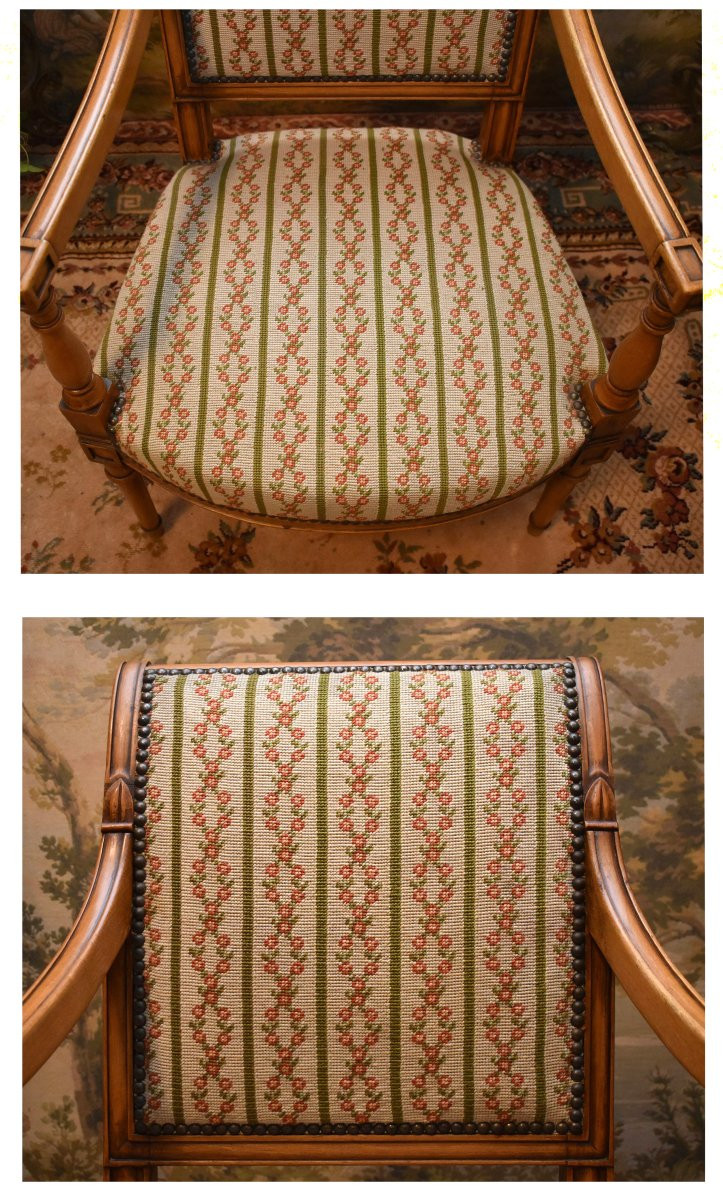 Paire De Fauteuils De Style Directoire, Sièges à Garniture Tapisserie Aux Petits Points, -photo-7