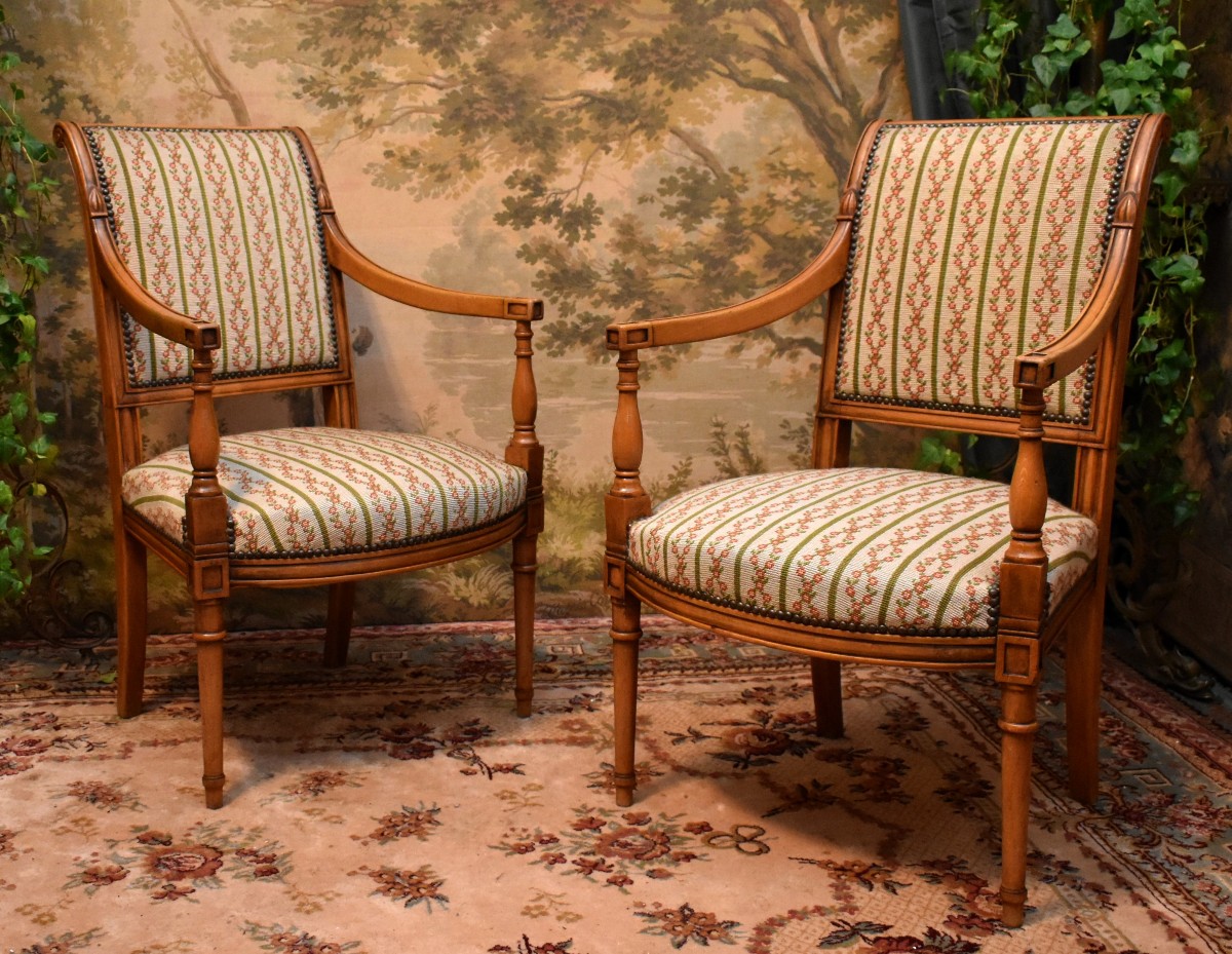 Paire De Fauteuils De Style Directoire, Sièges à Garniture Tapisserie Aux Petits Points, 