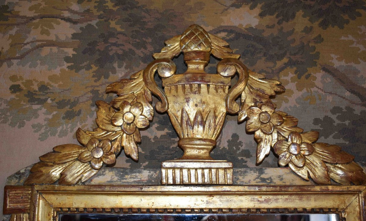 Miroir à Fronton  En Bois Doré  De  Style Louis XVI, époque Napoléon III, glace  XIXème .     -photo-2