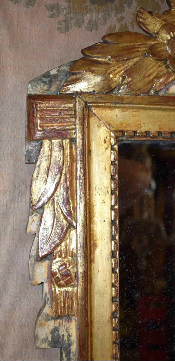 Miroir à Fronton  En Bois Doré  De  Style Louis XVI, époque Napoléon III, glace  XIXème .     -photo-2
