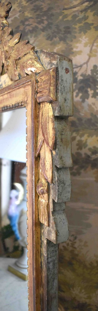 Miroir à Fronton  En Bois Doré  De  Style Louis XVI, époque Napoléon III, glace  XIXème .     -photo-6