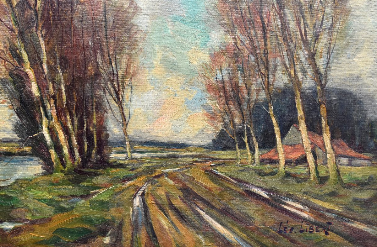 Léo Libert  Ecole liégeoise, Paysage " Marais en Campine"  Grand  tableau encadré  daté 1964-photo-4
