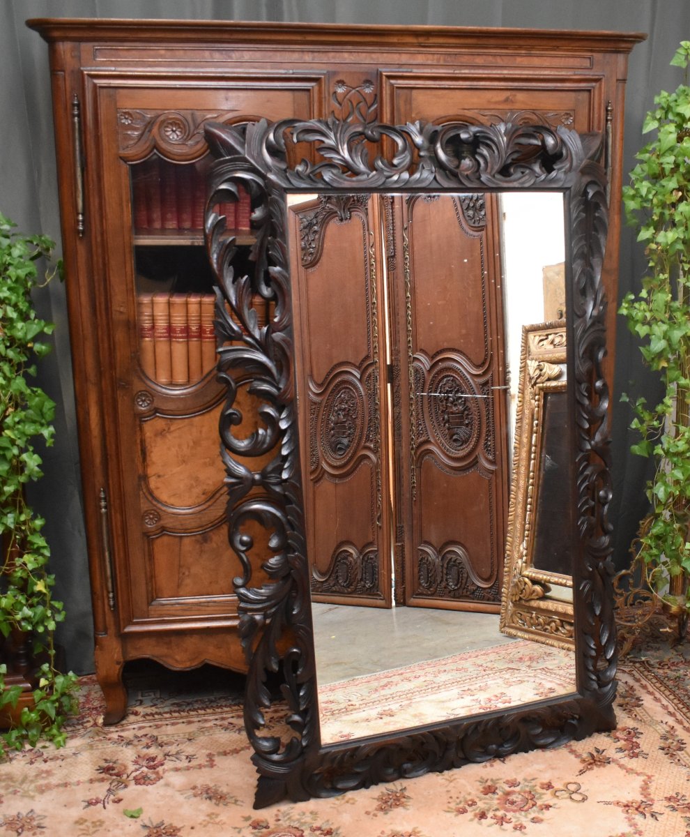 Important Miroir En Bois Sculpté Et Ajouré, Style Renaissance , chêne ,  Fin Du XIXe Siècle    -photo-2