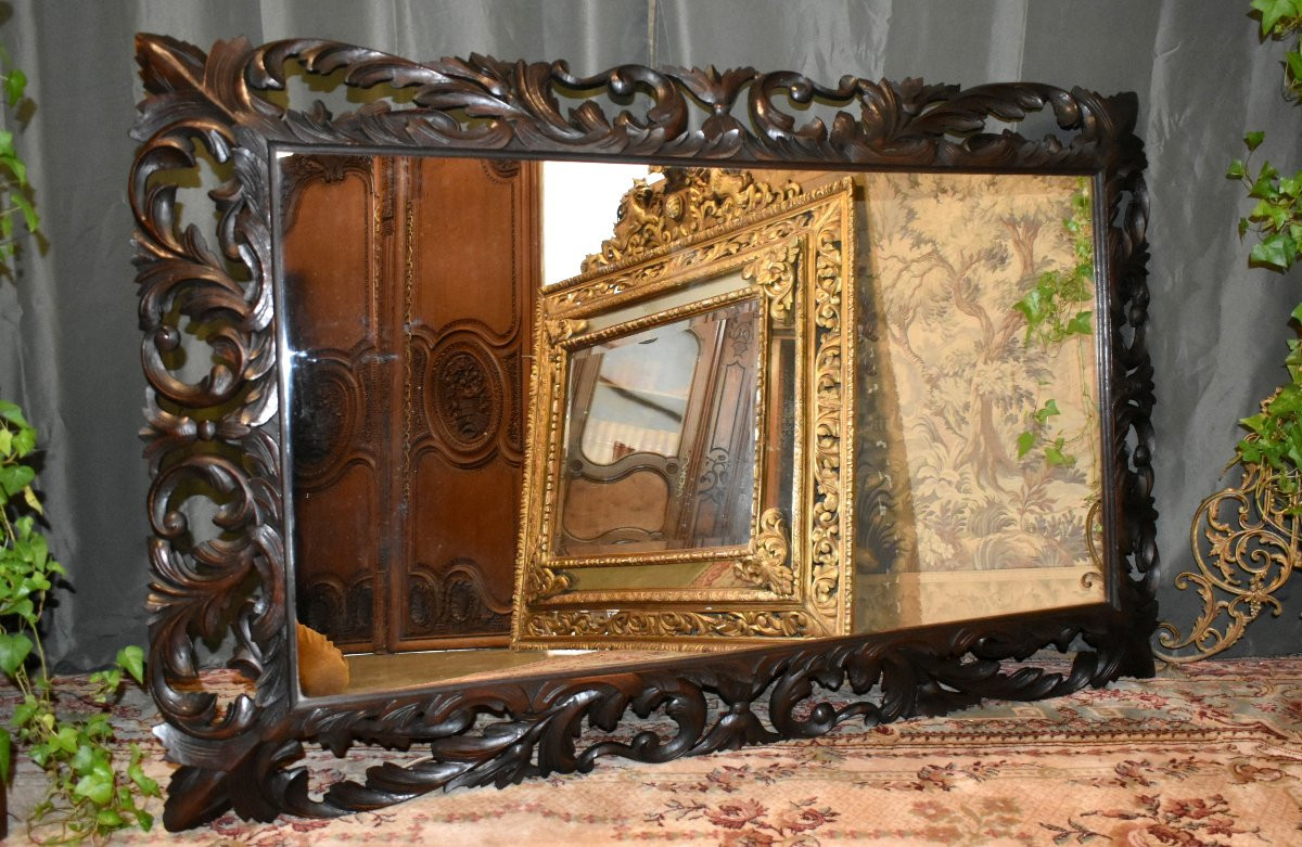 Important Miroir En Bois Sculpté Et Ajouré, Style Renaissance , chêne ,  Fin Du XIXe Siècle    -photo-4
