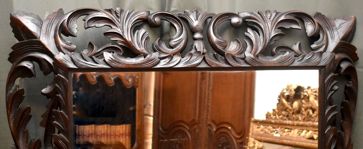 Important Miroir En Bois Sculpté Et Ajouré, Style Renaissance , chêne ,  Fin Du XIXe Siècle    -photo-2